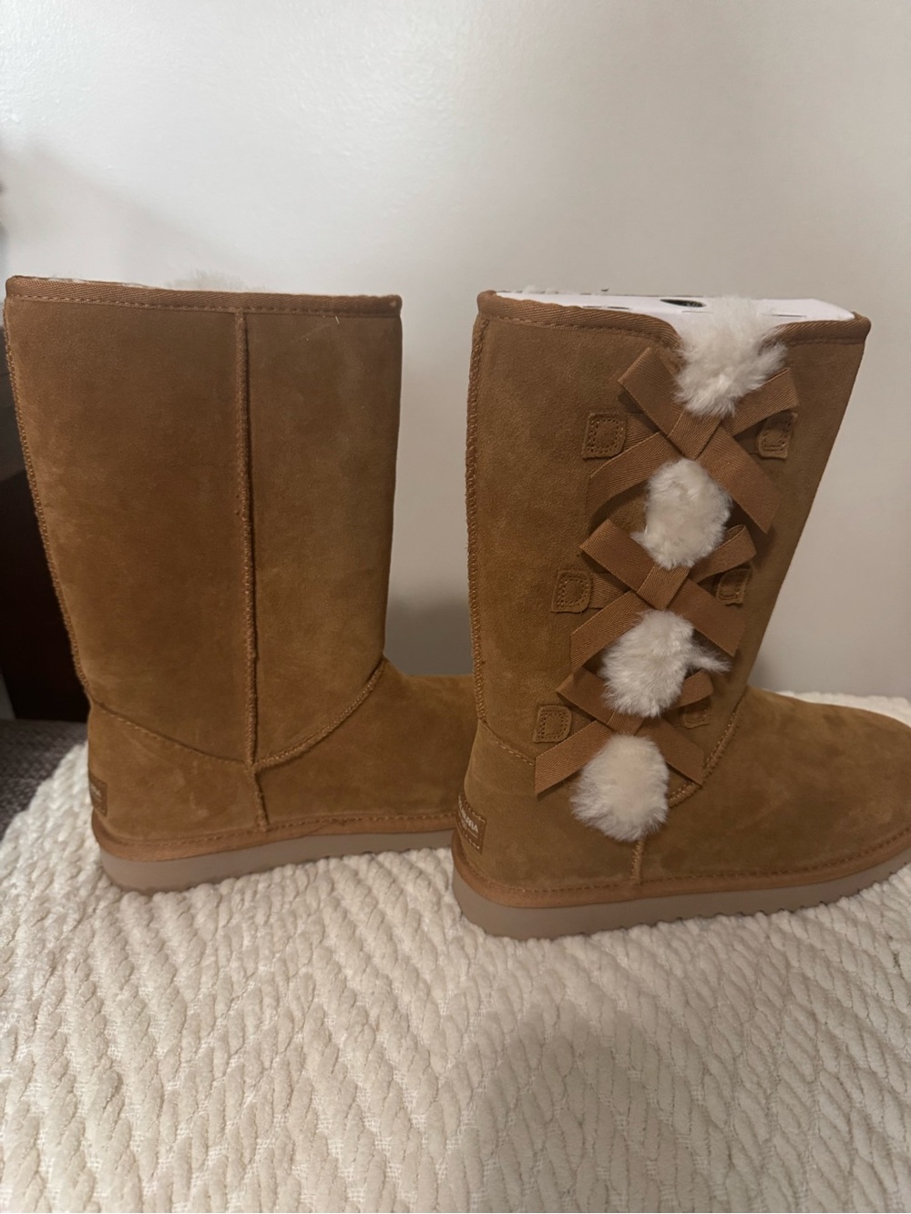 Chestnut Suede Mid-Calf Shearling Boots with Pom Pom Lacing - Women